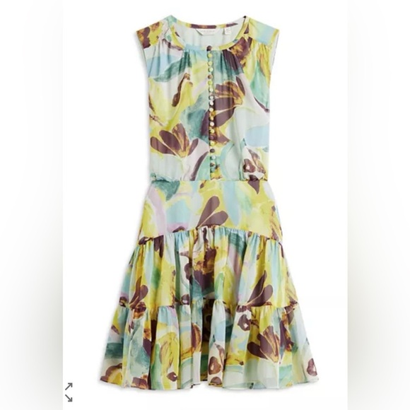 TED BAKER Ellain Graphic-Print Tiered Crepe Mini Dress. Size 3 - Picture 4 of 13